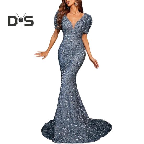 

Женское вечернее платье с блестками, короткими рукавами-фонариками, V-образным вырезом, облегающим кроем, длиной до пола, большим бантом сзади, средней талией, для коктейльной вечеринки, свадьбы, банкета, макси M серебряный