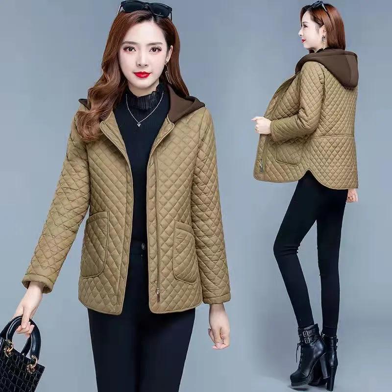 Rhombic Cotton Women's Autumn and Winter Fashion Age-reducing Middle-aged Mother's Hooded Loose Large Size Quilted Jacket
