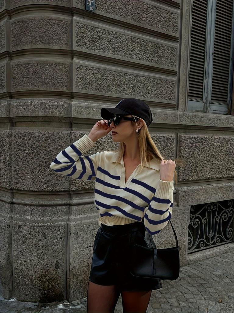 Retro Striped Polo Collar Wool Sweater for Women - Loose, Versatile Lapel Knitwear for Autumn