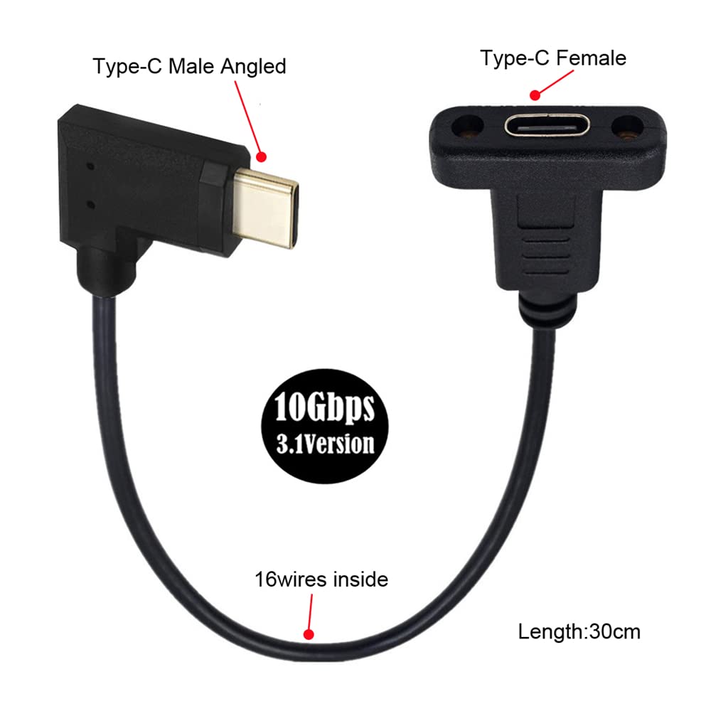 NFHK 90 Degree Angled to USB Type C Male to Female Extension Data 30cm USB-C 3.1 Cable,