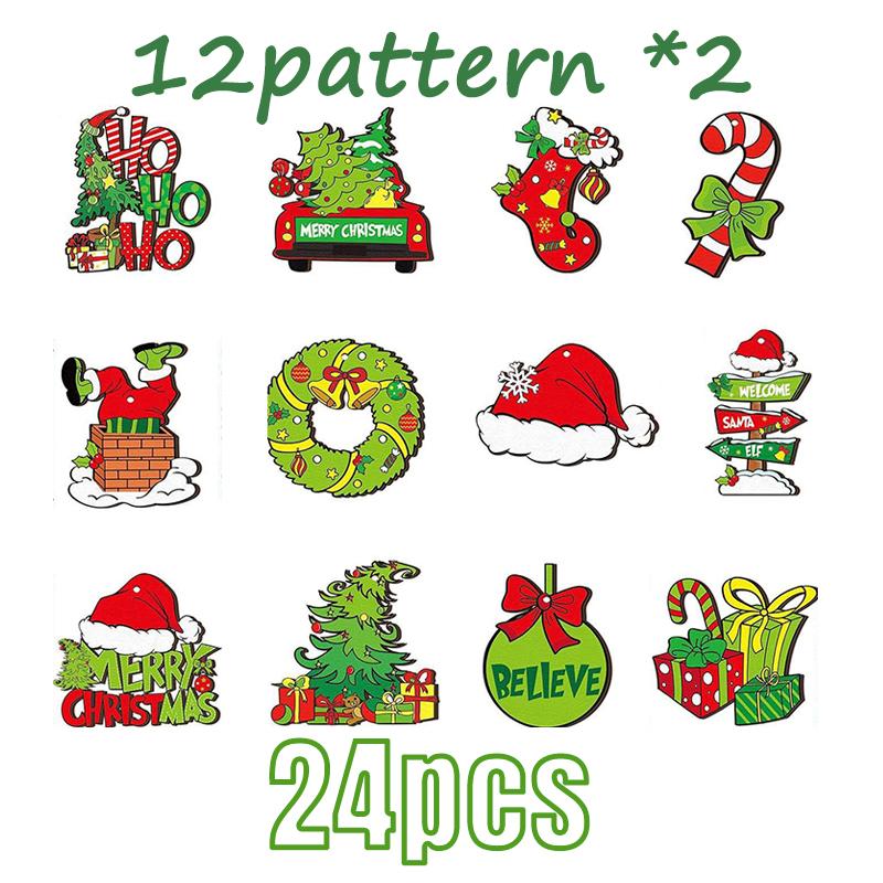 12/24PC Christmas Elf Green Hair Monster Wooden Pendant Xmas Party Christmas Tree Decor Home Festival Scene Hanging Decor Gift