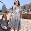 French Temperament High Sense Versatile Floral Dress Women's Summer Oil Painting Holiday Style Suspender Long Dress Waist Single Skirt