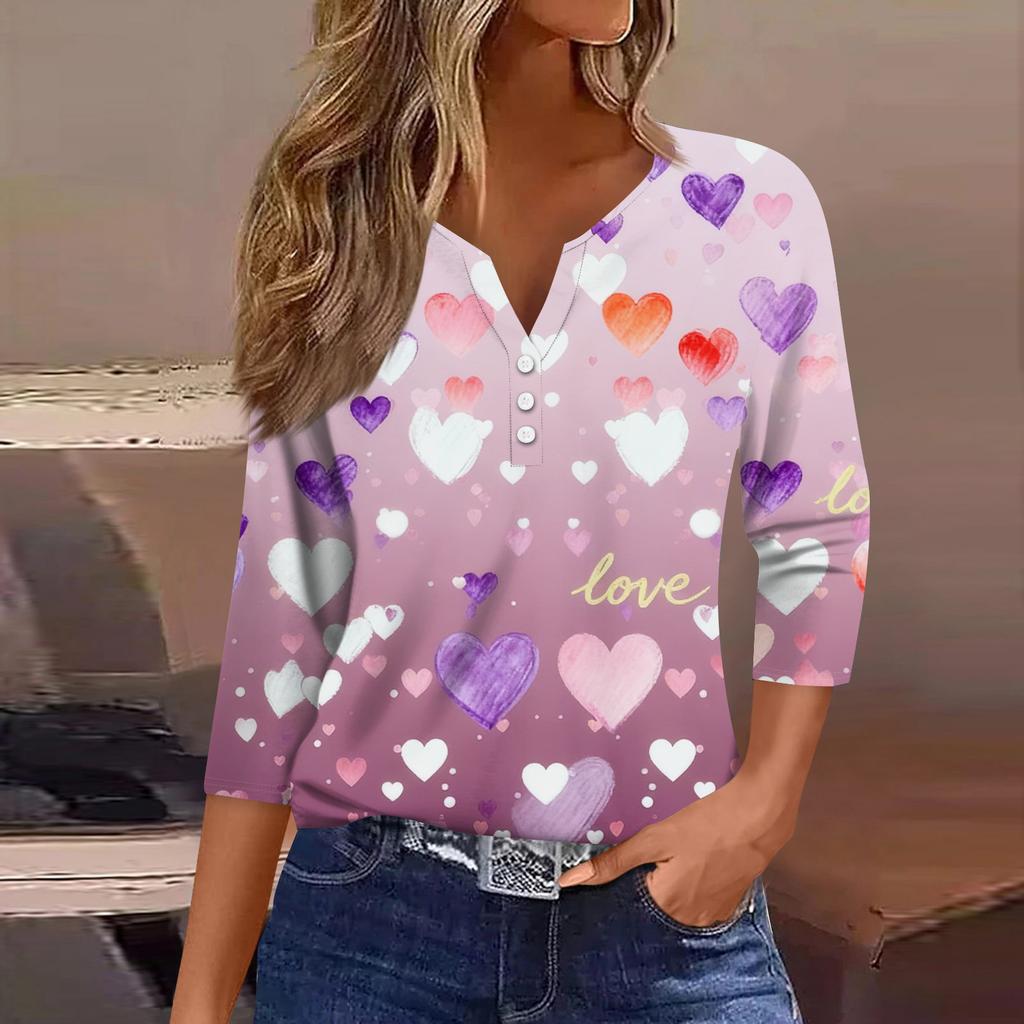 Women's Fashion Button-Up V-Neck Three-Quarter Sleeve Valentine's Day Print Top
