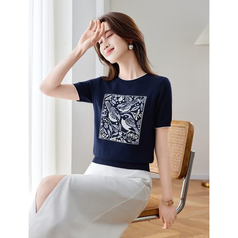 Srcr Women s Mulberry Silk Blend Jacquard Knit Short Sleeve T-Shirt XL