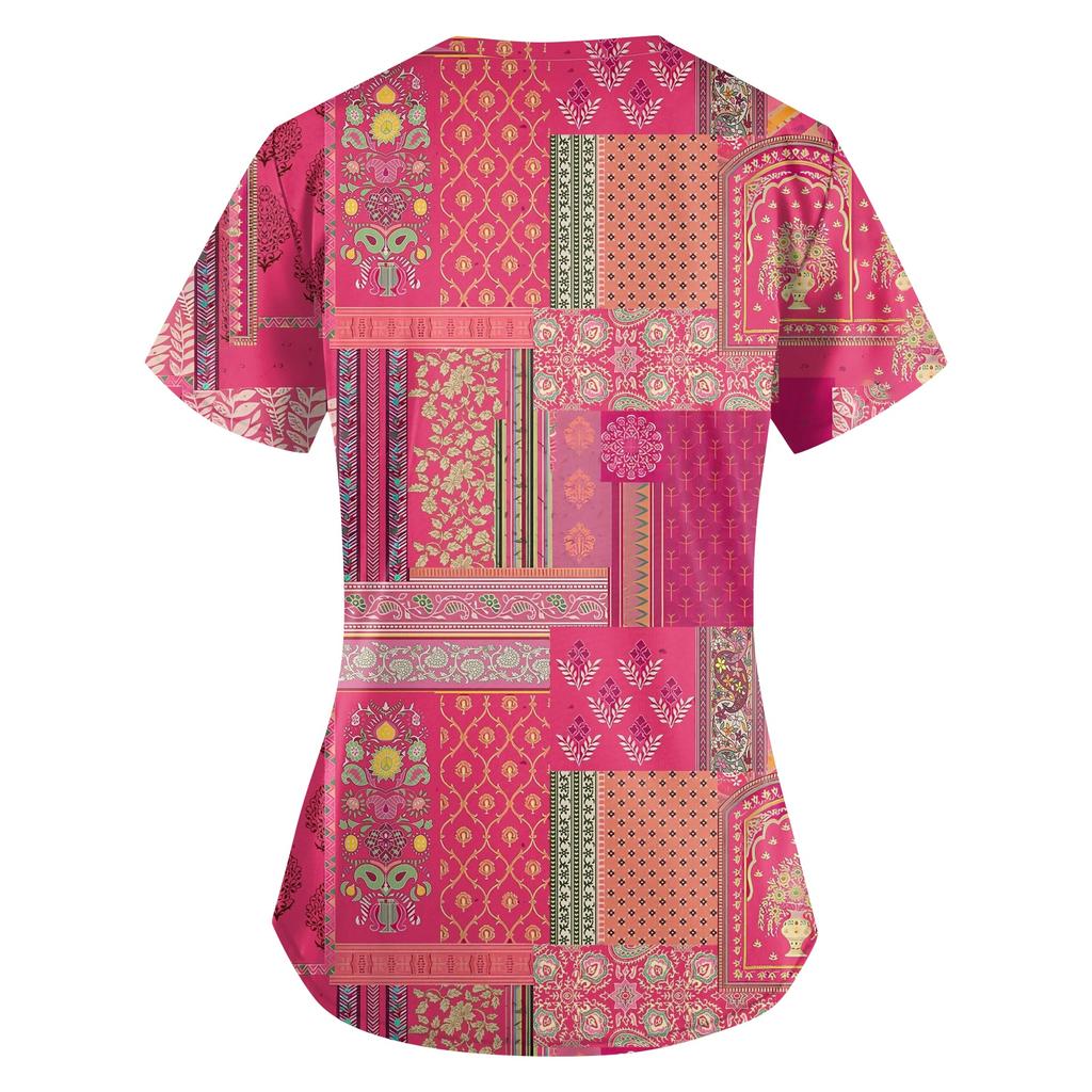 Plus SizePrinted Scrub Working Uniform Tops For Women's Cross V-Neck Print Short Sleeve Fun T-Shirts Workwear Tee With Pockets