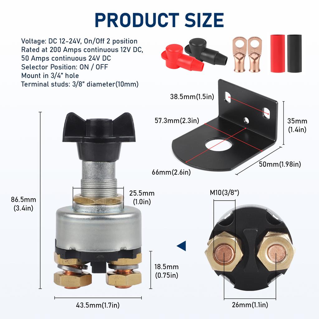 CNSPEED 12-48V DC 200A Battery Disconnect Switch with Side Post Mounting Bracket For Car Marine Boat RV Camper Cut Off Switch