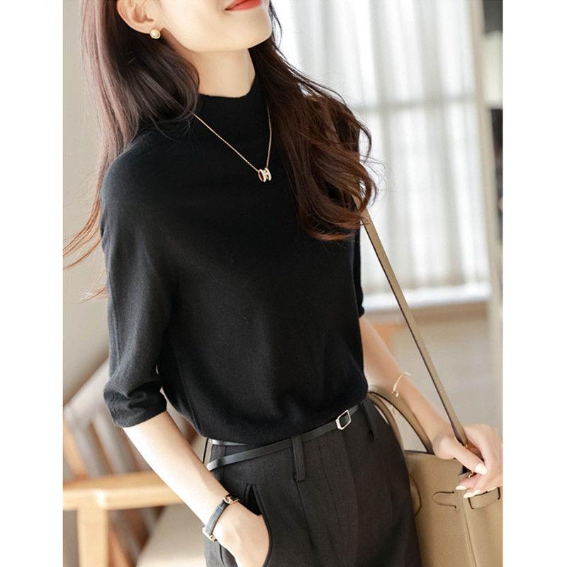 Half Neck Sweater with Seven Sleeves Women's Top Knitted Sweater Loose T-shirt