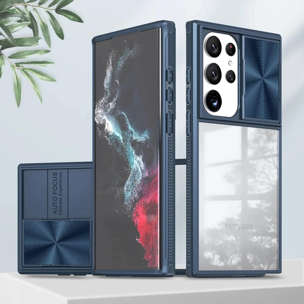 Luxury Sliding Window Armor Phone Case For Samsung Galaxy S24 S23 S22 Plus Ultra Push Camera Protection Shockproof Hard Cover