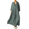 Women Autumn Spring Maxi Dress Pure Color V Neck Long Sleeves Pullover A-line Loose Hem Pleated with Side Pockets Casual Daily Wear