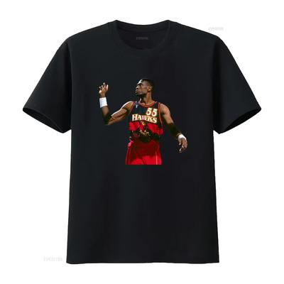Dikembe Mutombo Hawks Basketball Player Print T Shirt for Men Vintage Washed Versatile Slightly Graphic Homme Breathable