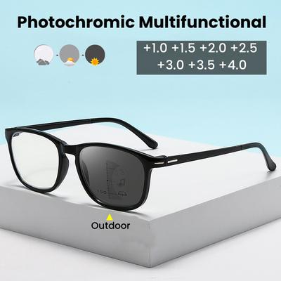 Fashionable Square Photochromic Presbyopia Glasses with Progressive Multifunctional Far and Near Dual-use Diopter To +4.0