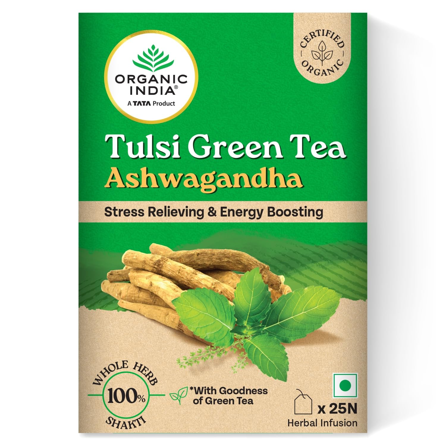 Organic India Tulsi Green Tea Ashwagandha - 25 Tea Bag (Pack of 1)