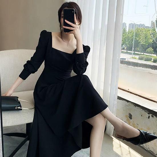 High Waist French Black Maxi Dress 