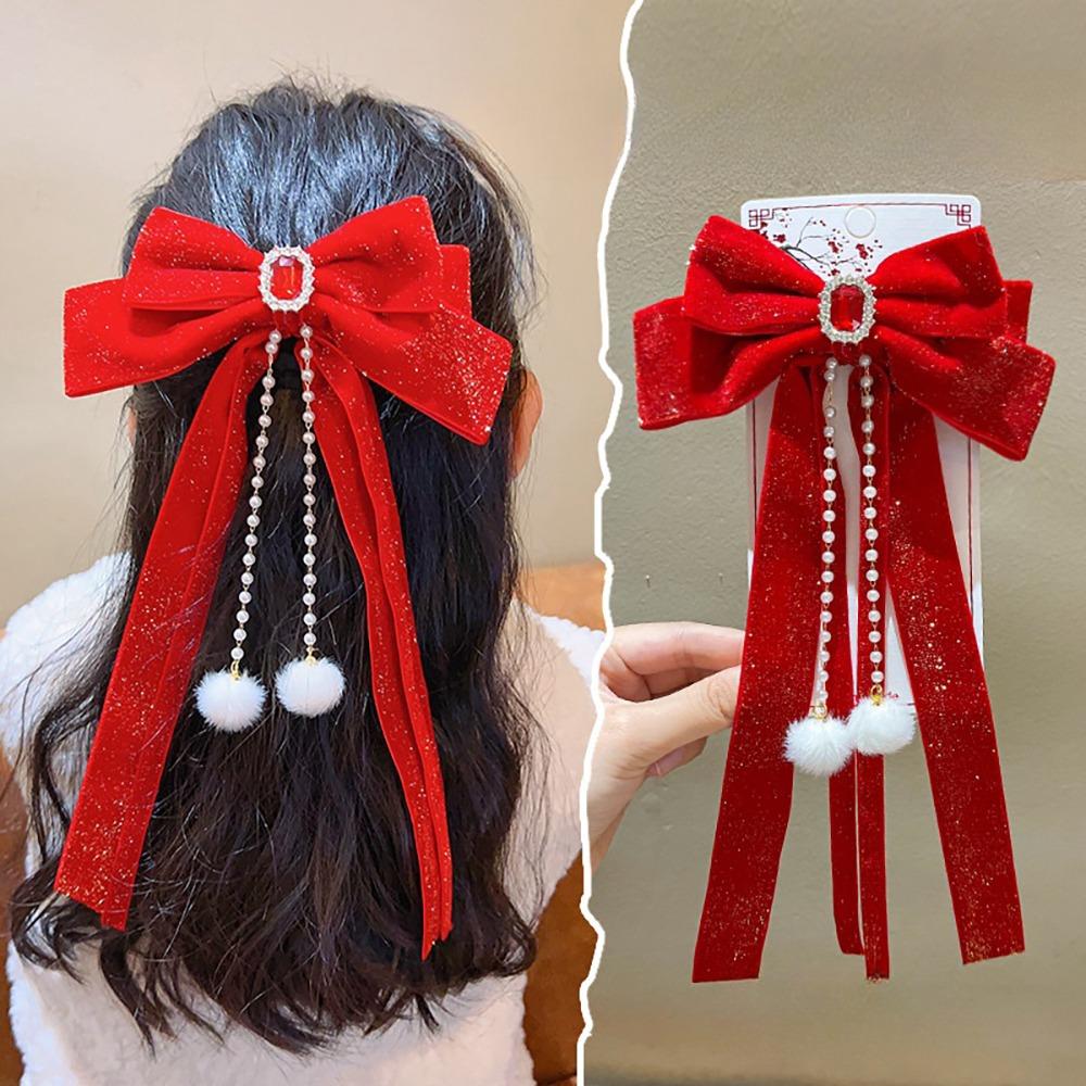 Headwear Red Bow Hair Clips Jewelry Tassels Pearl Barrettes Ribbon Hairpin  Hair Styling Accessory