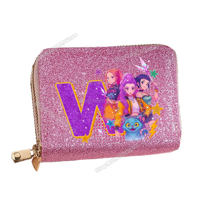 Korean Pop Demon Hunters Letter A-Z Women Short Wallet Bling Sequin Pu Leather Wallets Zipper Coin Purse ID Card Holder Girl Purse