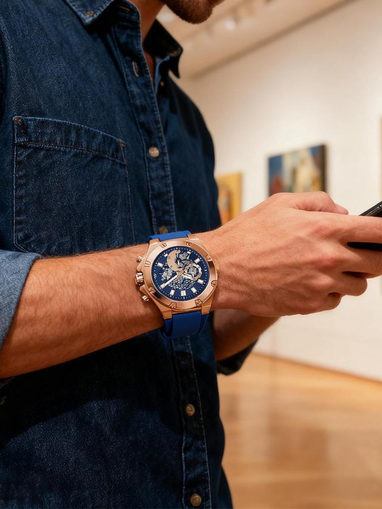 Guess Ceasuri pentru Bărbați-Curea de Ceas din Cauciuc Negru Cadran Auricalcic Ceasuri Multifuncționale pentru Bărbați Ideale pentru Muncă Zilnică și Sport în Aer Liber GW0334G3