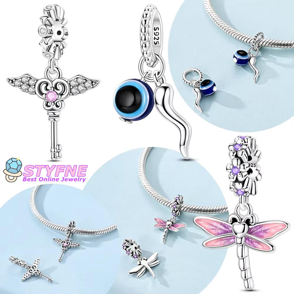 Women Pendant Original Copper Wing Love Key Blue Eye Demon Pink Dragonfly Bead Fit Bracelet Jewelry Accessory Fine Gift