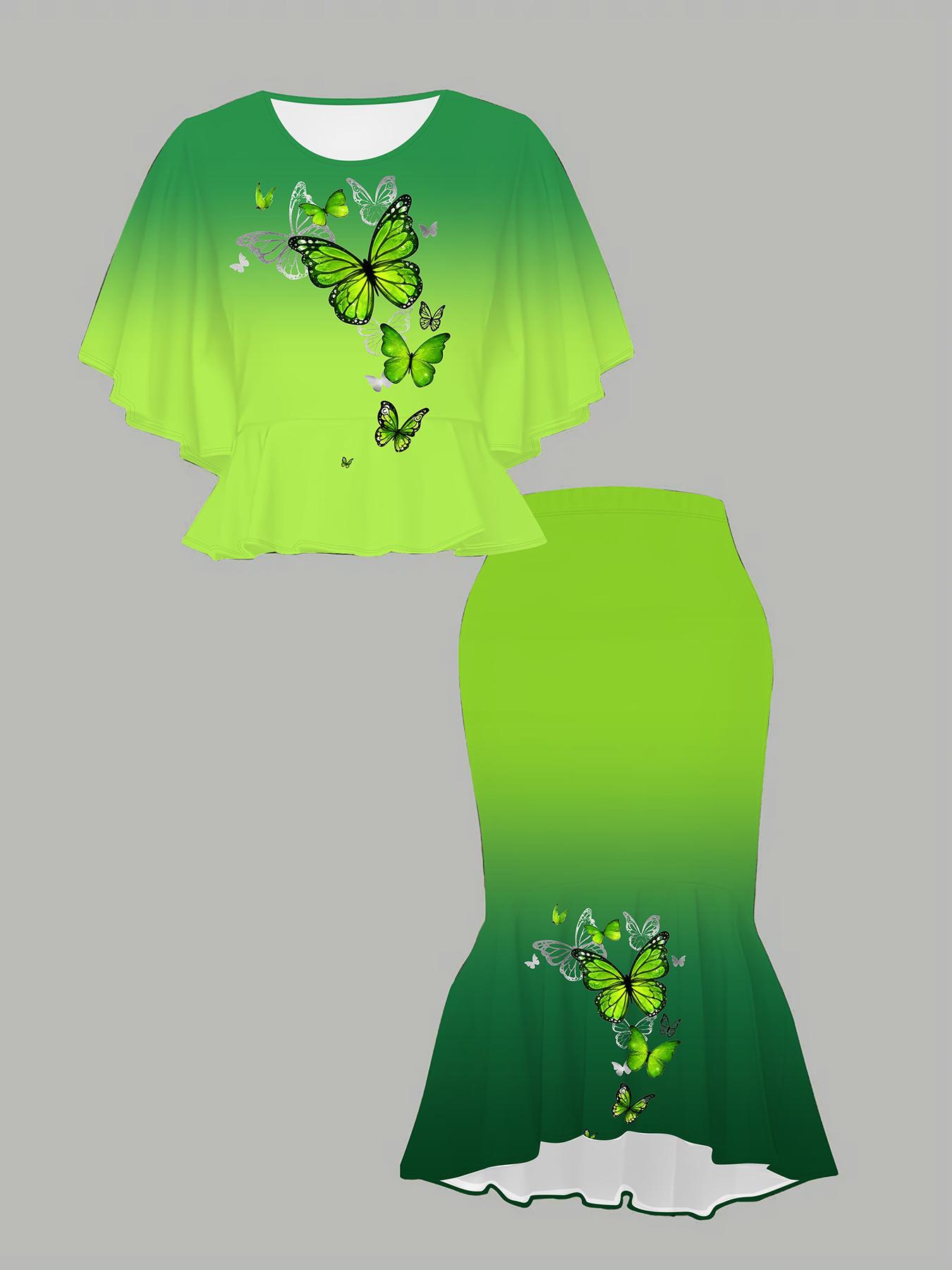 

Классический тотемный женский принт с 3D-принтом бабочки, модный большого размера, элегантный, универсальный для всех сезонов. Футболка, Юбка и Комплект 6XL зелёный