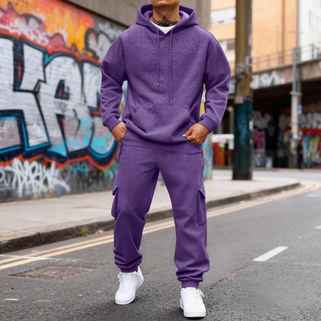Men's Fleece-Lined Thermal Two-Piece Tracksuit Set | Color Hoodie With Cargo Joggers & Elastic Waist For Casual Outdoor Activities