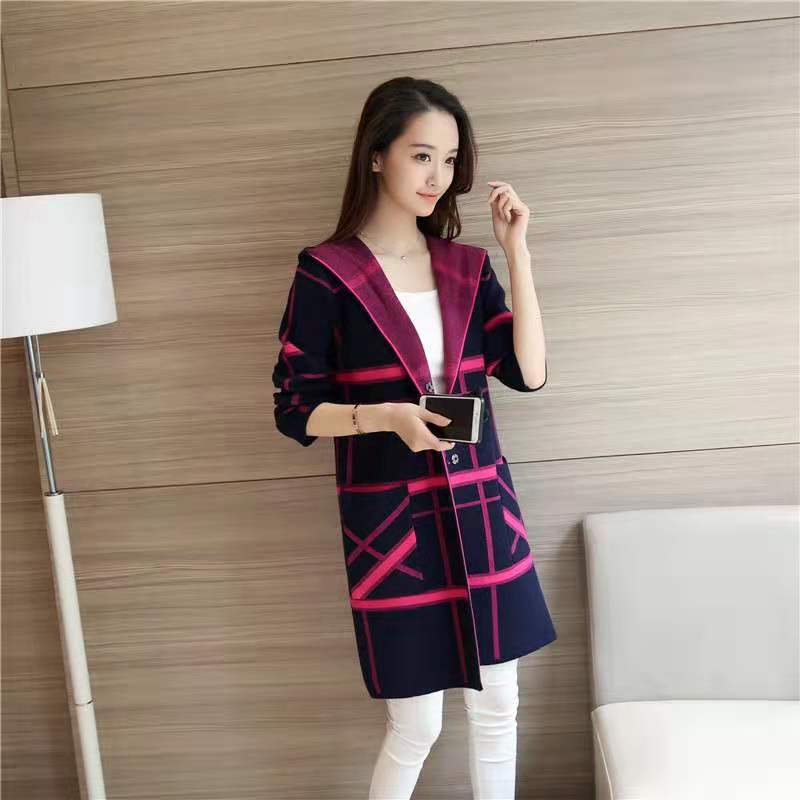 

Вязаный кардиган женский средней длины модный наряд весна и осень новый осенне-зимний свободный клетчатый свитер куртка One size