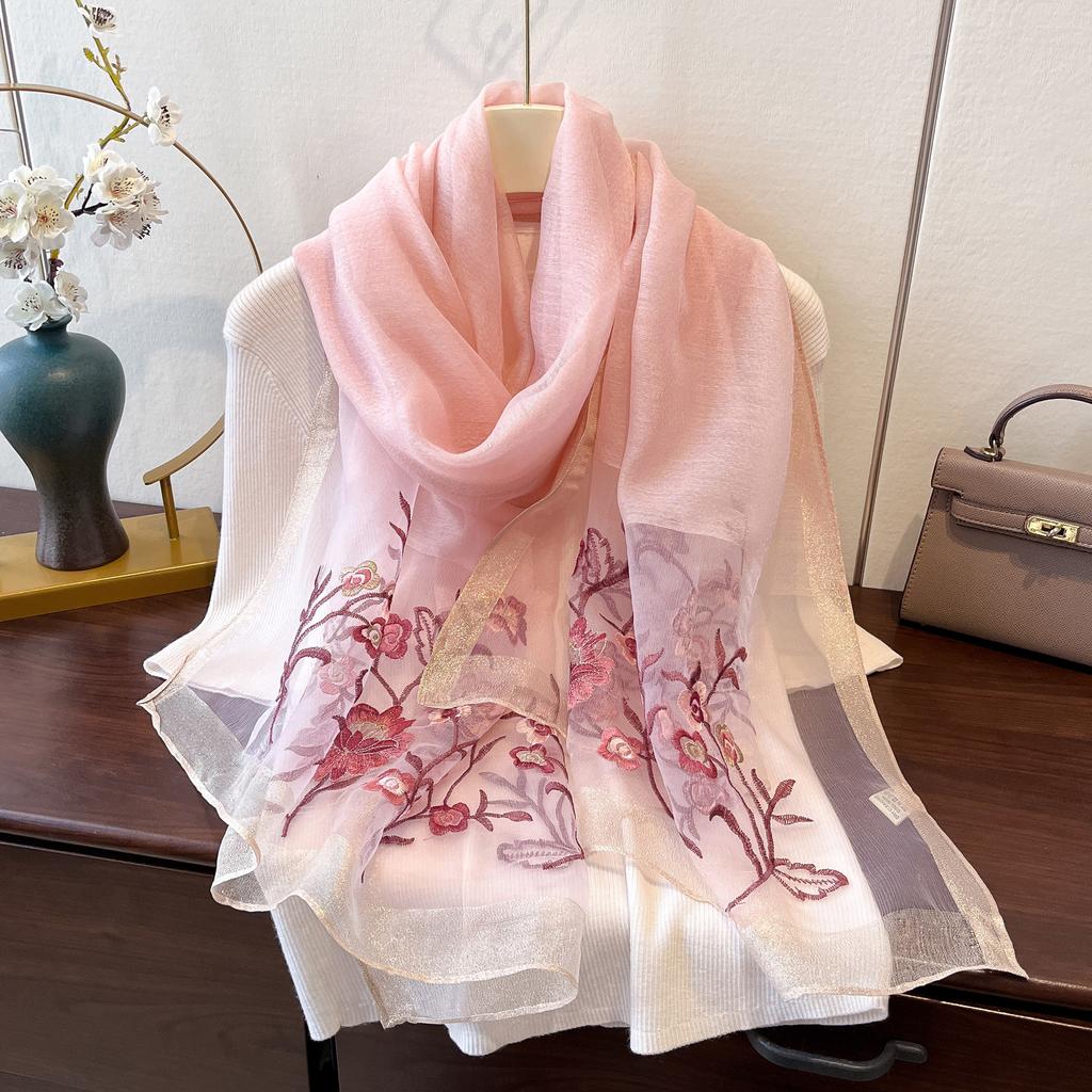 Imitation Silk Embroidered Long Silk Scarf for Women's Fashionable and Fashionable Mulberry Silk Sunscreen Scarf