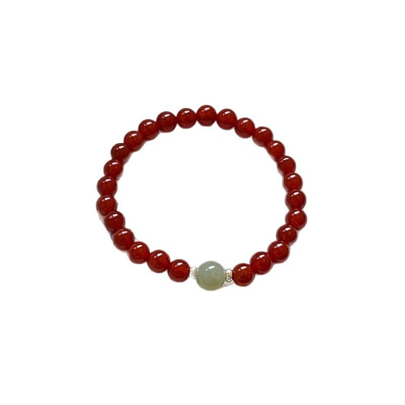 Cinnabar Red Agate Bracelet in Chinese Style with Jade Accents for a Retro, High-End Look Cinnabar Style