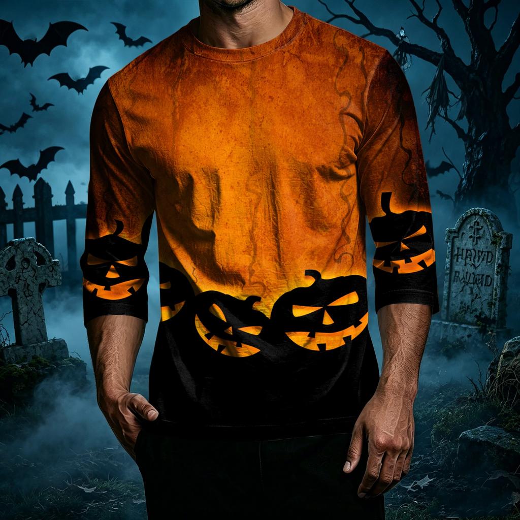 Men's Casual Halloween Graphic T-Shirt Three Quarter Sleeve Crew Neck Top Lightweight Comfortable Fit