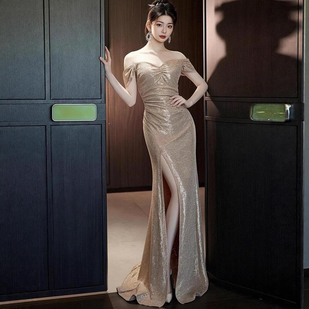 Black Elegant Long Dress Shoulder Women's New Banquet Temperament Art Test Atmosphere Performance Annual Meeting Host Dress