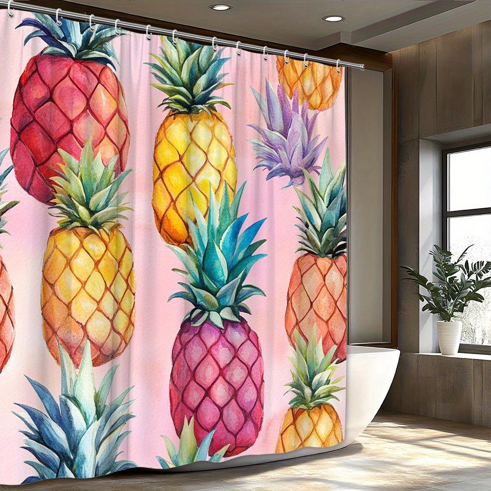 1pc Tropical Pineapple & Lavender Shower Curtain - Vibrant Watercolor Design, Lush Green Leaves, Soft Pink Polyester