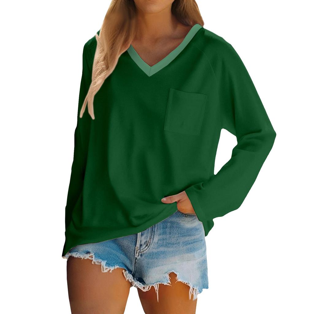 Women's Raglan Long Sleeve V-Neck T-Shirt Splicing Solid Color Casual Top Pullover V-Neck Pocket Bottoming Shirt