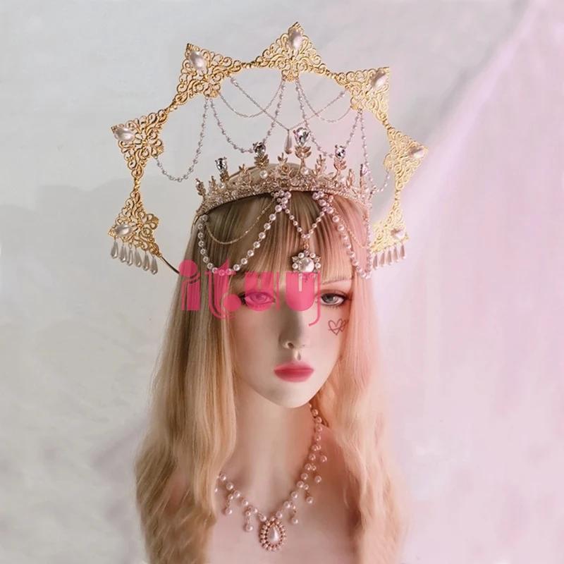 Crown Halo Headband Goddess Spiked Pearl Sun Pendant Halo Headpiece Cosplay Bridal Party Baroque Tiara Headwear Accessories