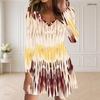 Women Plus Size V Neck Long Sleeve Printed Striped Curved Hem Casual Dress