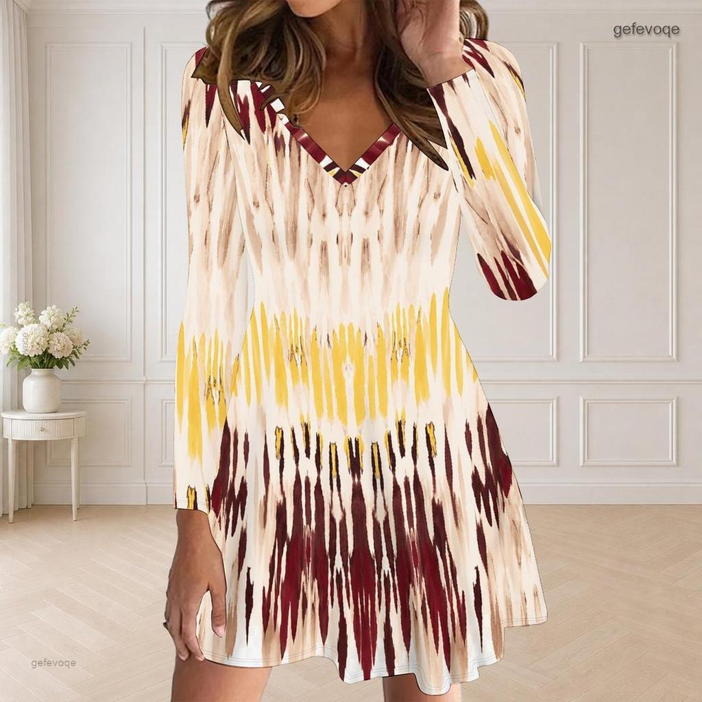 Women Plus Size V Neck Long Sleeve Printed Striped Curved Hem Casual Dress