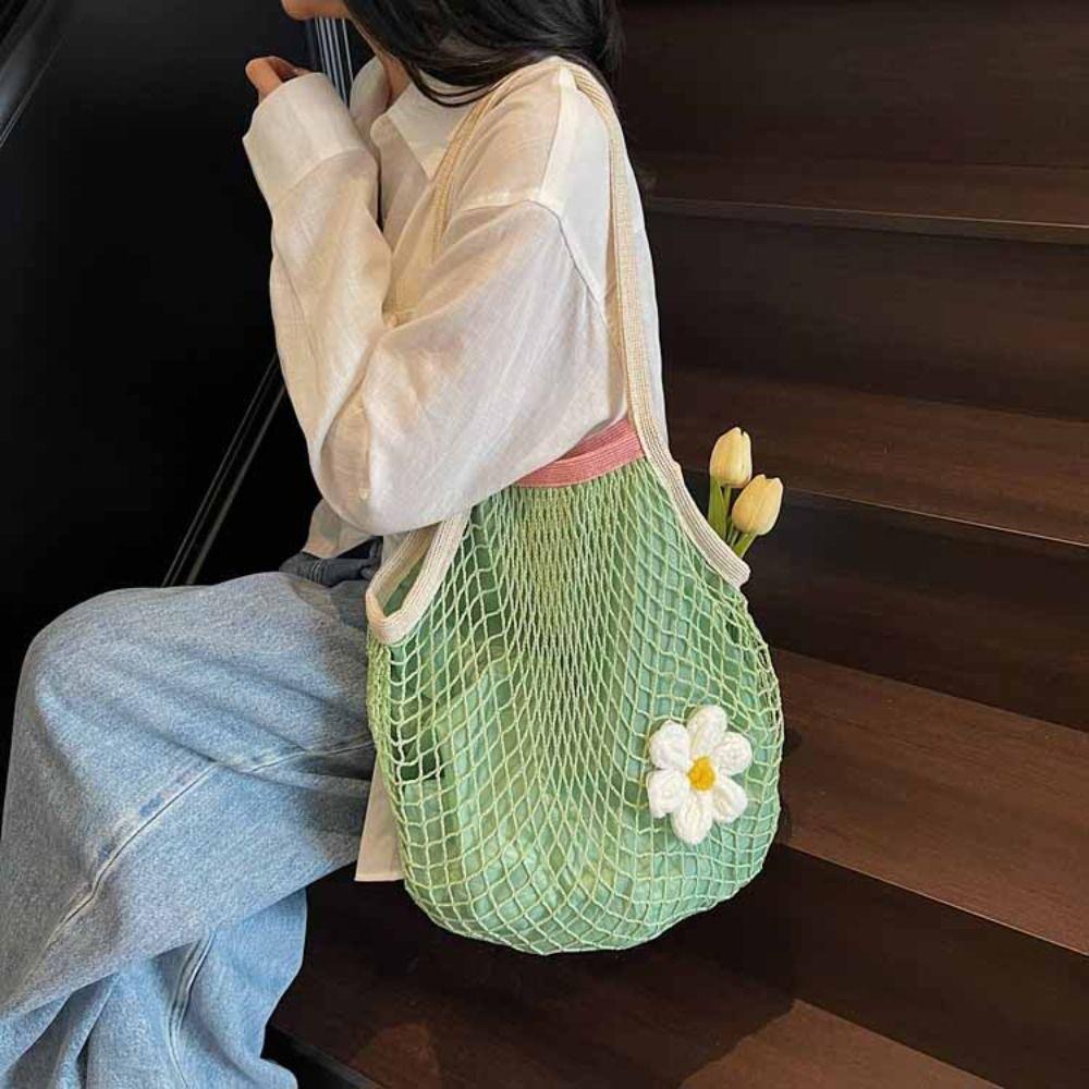 Polyester Hollow Woven Shoulder Bag Large Capacity Summer Beach Tote Bags  Clothes Storage