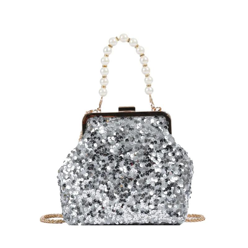 

Vintage Rose red Silver Purple Sequin Evening Bags Pearl Chain Handbag For Women Wedding Party Chain Shoulder Bags Small Clutch