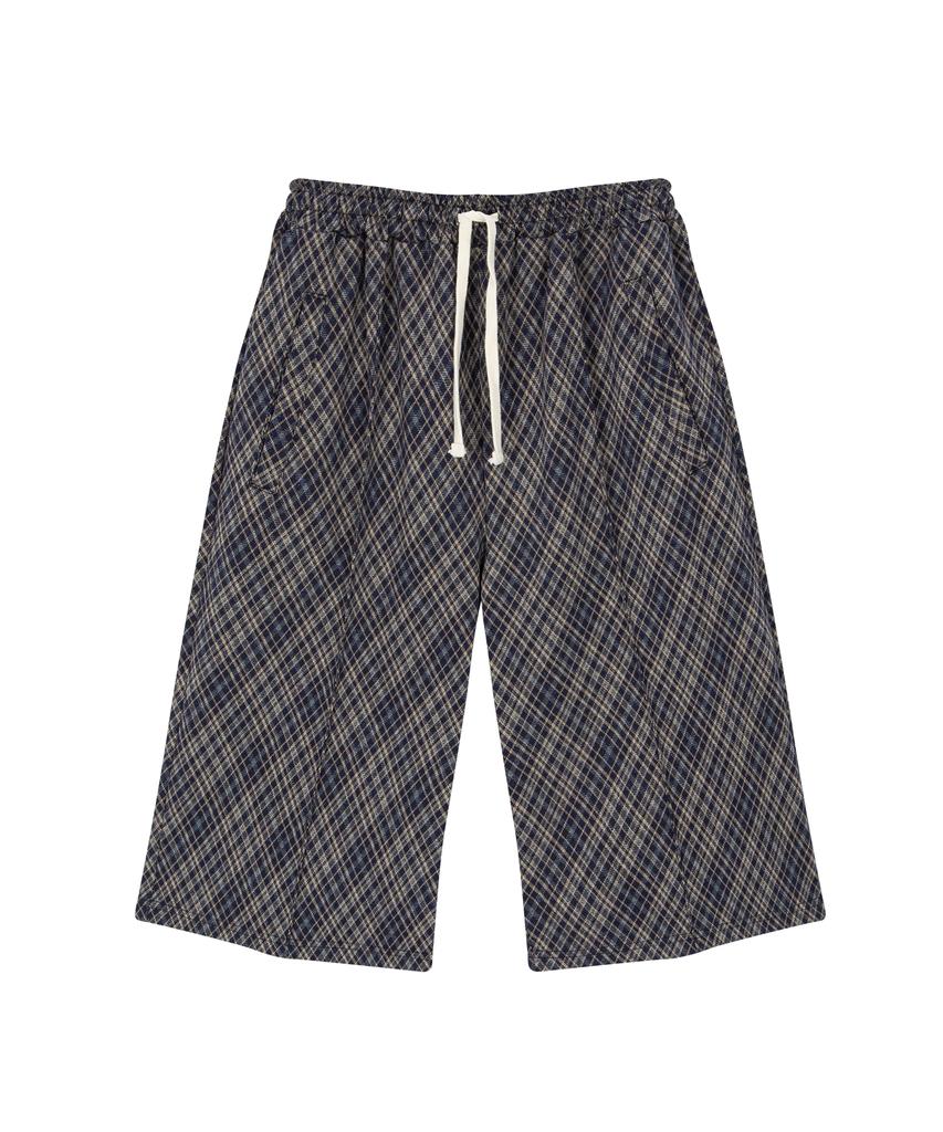 TONSIL Vintage Check Elastic Waist Bermuda Pants Navy