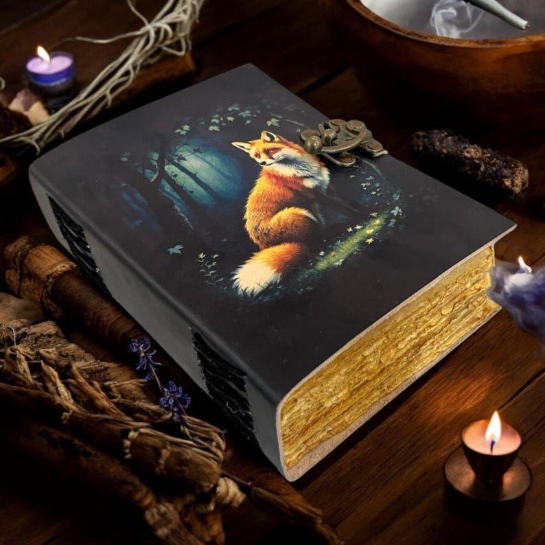Fox Vintage Handmade leather Journal, Grimoire Fat journal Blank spell book of shadows Celestial Christmas Gifts For Him Her