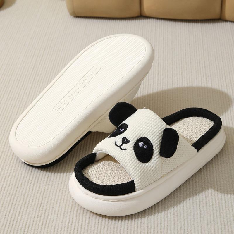 Linen slippers female cute panda style four seasons household PVC soft bottom couple cartoon cotton and linen slippers