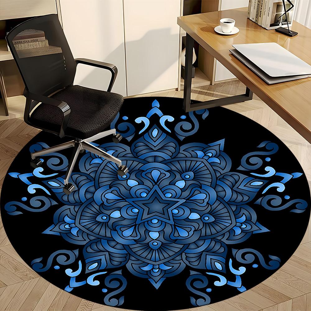 1PC Blue Mandala Pattern Office Round Rug, Non slip, Soft and Durable Office Rug for Interior Decoration, Perfect for Office