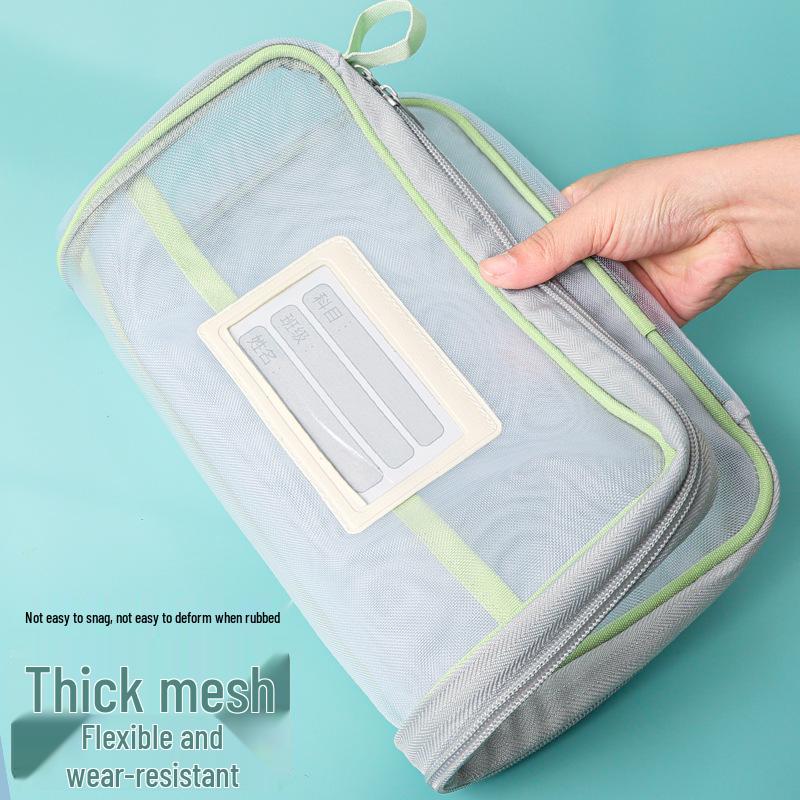 Transparent L-Shaped Document Bag with Zippered Mesh Opening for Handheld Use