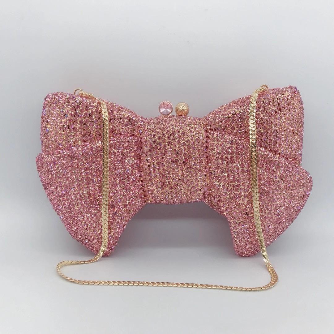 

Pink Women s Crystal Evening Clutch Luxury Bow-Shaped Rhinestone Lady Party Wedding Purse Prom Bridal Clutches Diamond Bags 21cmX14cmX5cm