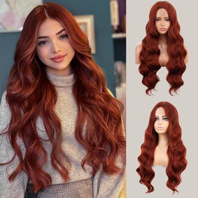 Synthetische lange gewellte weinrote Perücke für Damen, hitzebeständig, natürlich, halbteilig, Cosplay, Party, Lolita-Perücke