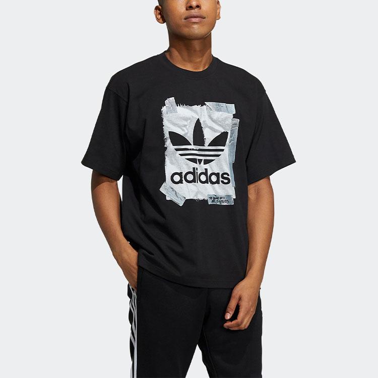 Adidas Originals Trefoil Sticker Print Casual Sport Crew Neck Short Sleeve T-Shirt Men Tops Black HL4113
