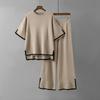 Women's Temperament Color Collision Open Short-sleeved Knit Shirt High-waisted Slim Wide-legged Pants Two-piece Set