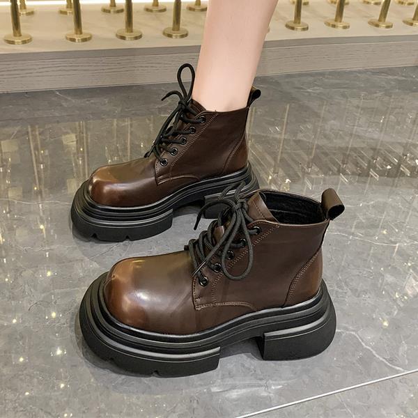 

Туфли Лолита Сапоги Зимняя обувь Сапоги-Женщины Плоский каблук Круглый носок Дамские рок резиновые Средние осенние ботильоны Слип-он Шнуровка ПУ 39