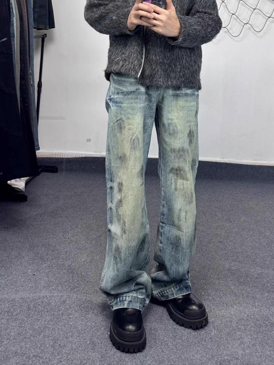 Джинсы мужские JYL Винтажные Молния Плиссированные Зауженные Уличный стиль Чистый крой Деним 2XL