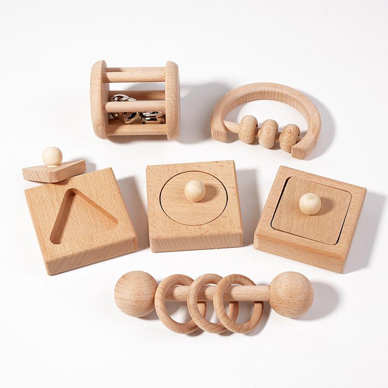 Montessori Puzzle Toys Wooden Geometric Shapes Sorting Baby Toys Wooden Rattles Ring Rattles Sensory Toys Preschool Education