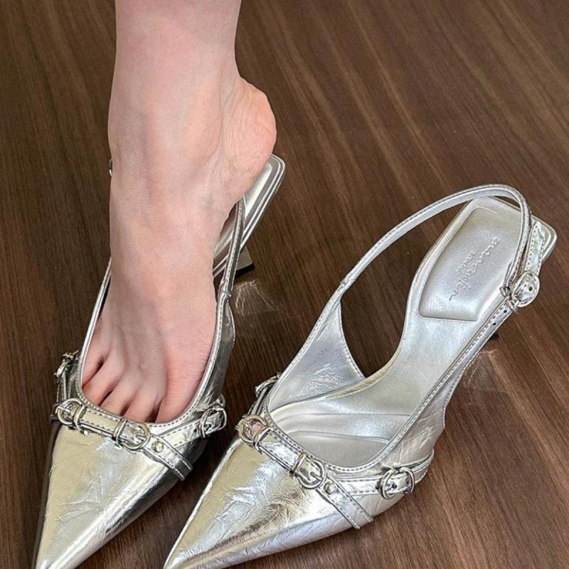 Hot Selling 2025 Women's Shoes Pearl High Heels Sexy Pointed Sandals Fashion Banquet Chain Rivets Combination Wedding Mule Shoes