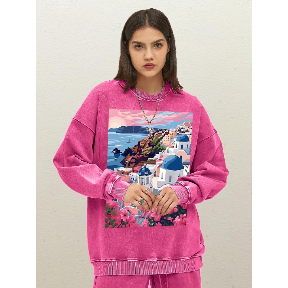 Beautiful Tourist Town Scenery Print Washed Sweatshirt Women Cotton Loose Streetwear Unisex Casual O-Neck Pullover Clothes
