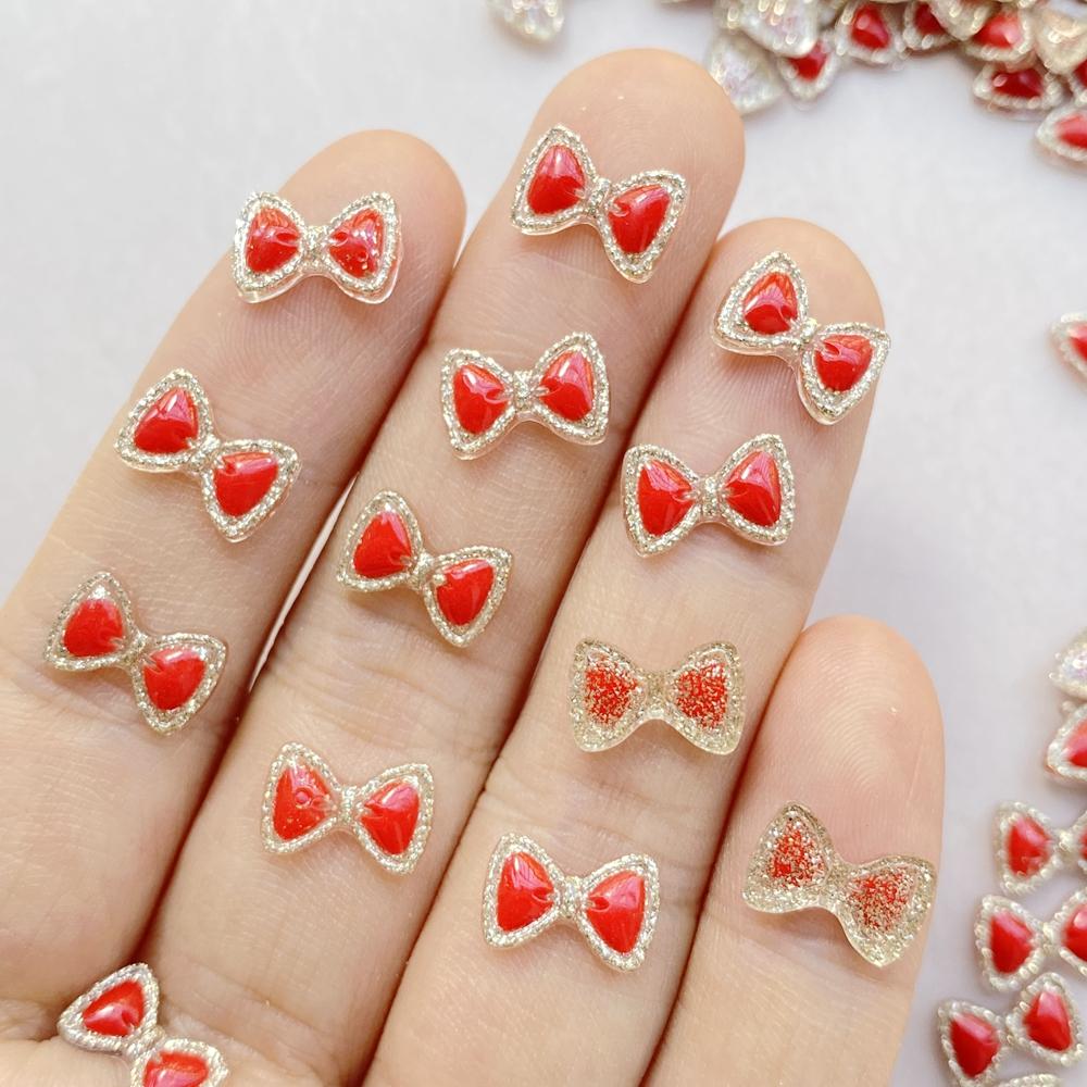50Pcs Cute Cartoon Mini The Red Bow Nail Art Resin Designer Charms DIY Craft For Nail 3D Decorations Jewelry